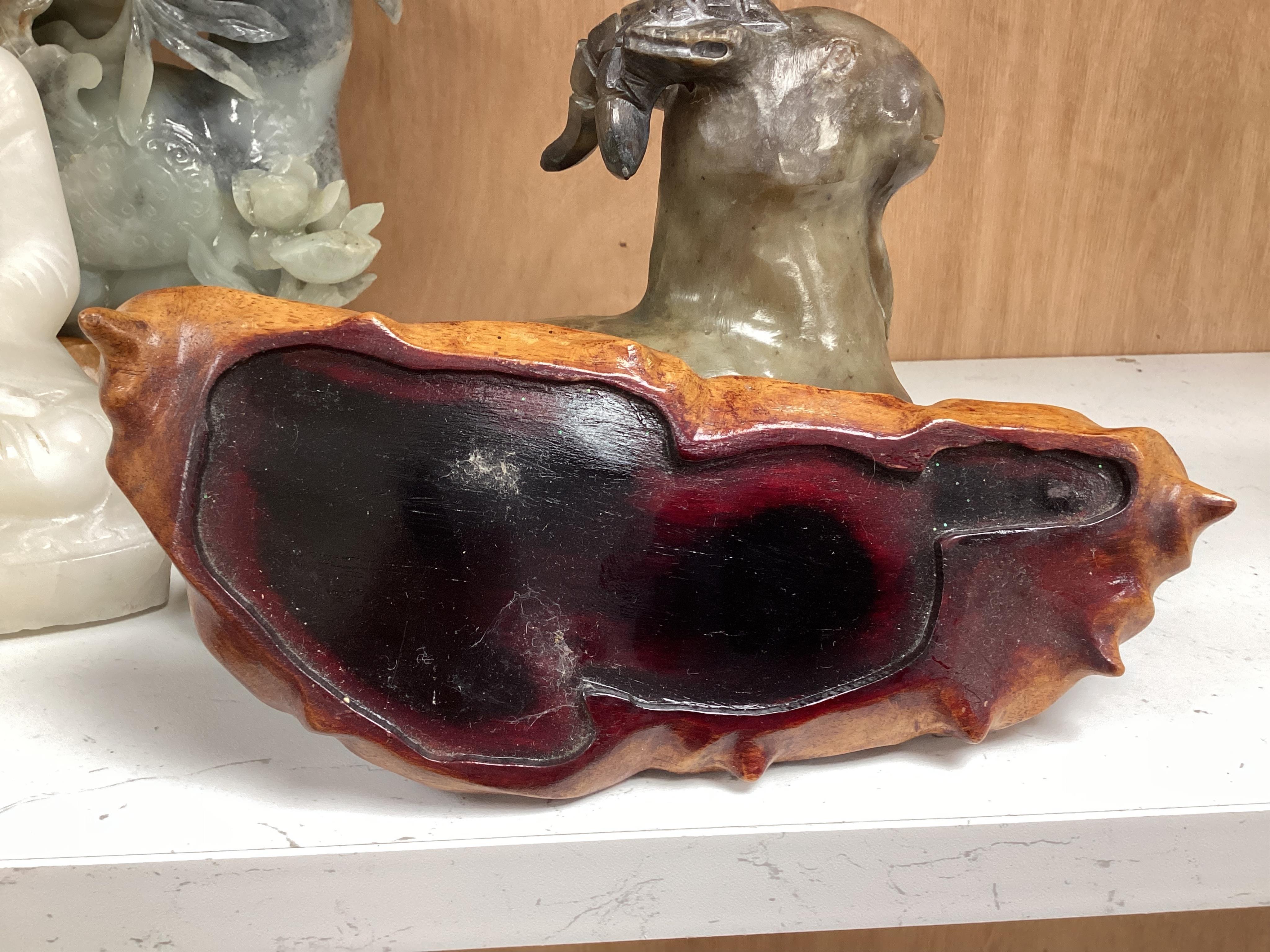 Two modern jade figures, together with a marble Buddha and a carved giltwood figure, largest 24cm wide
